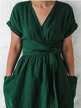V-neck Short Sleeve Pocket Solid Color Dress Ins Street